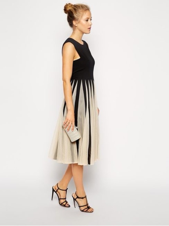 ASOS Dresses & Skirts - ASOS Black & Cream Pleated Fit-and-Flare Midi Dress